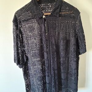 AllSaints Black Crochet Short-Sleeve Dress Shirt